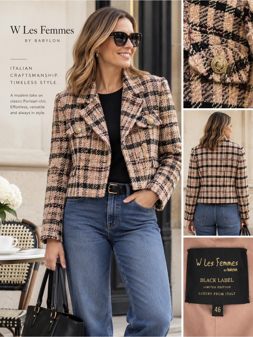 W Les Femmes by Babylon Women's Pink Plaid Cropped Tweed Blazer Jacket